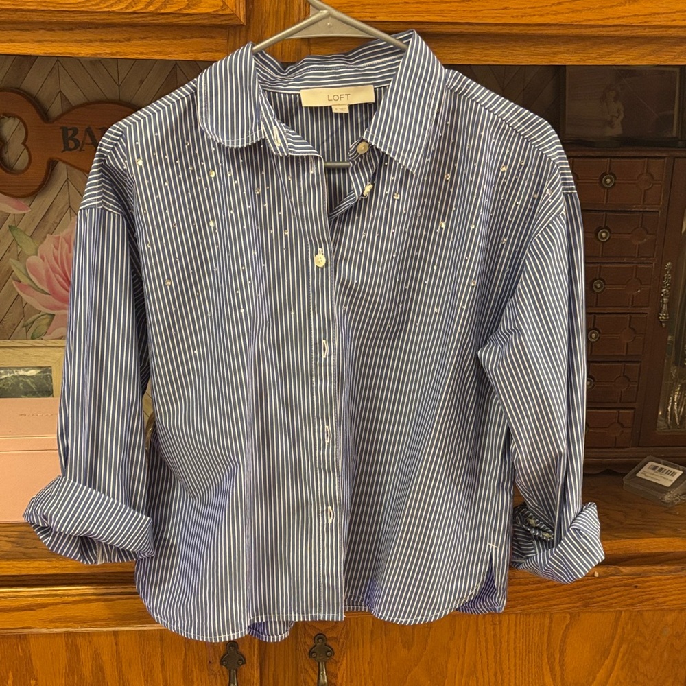 LOFT Navy and White Striped Shirt with Embellishments
